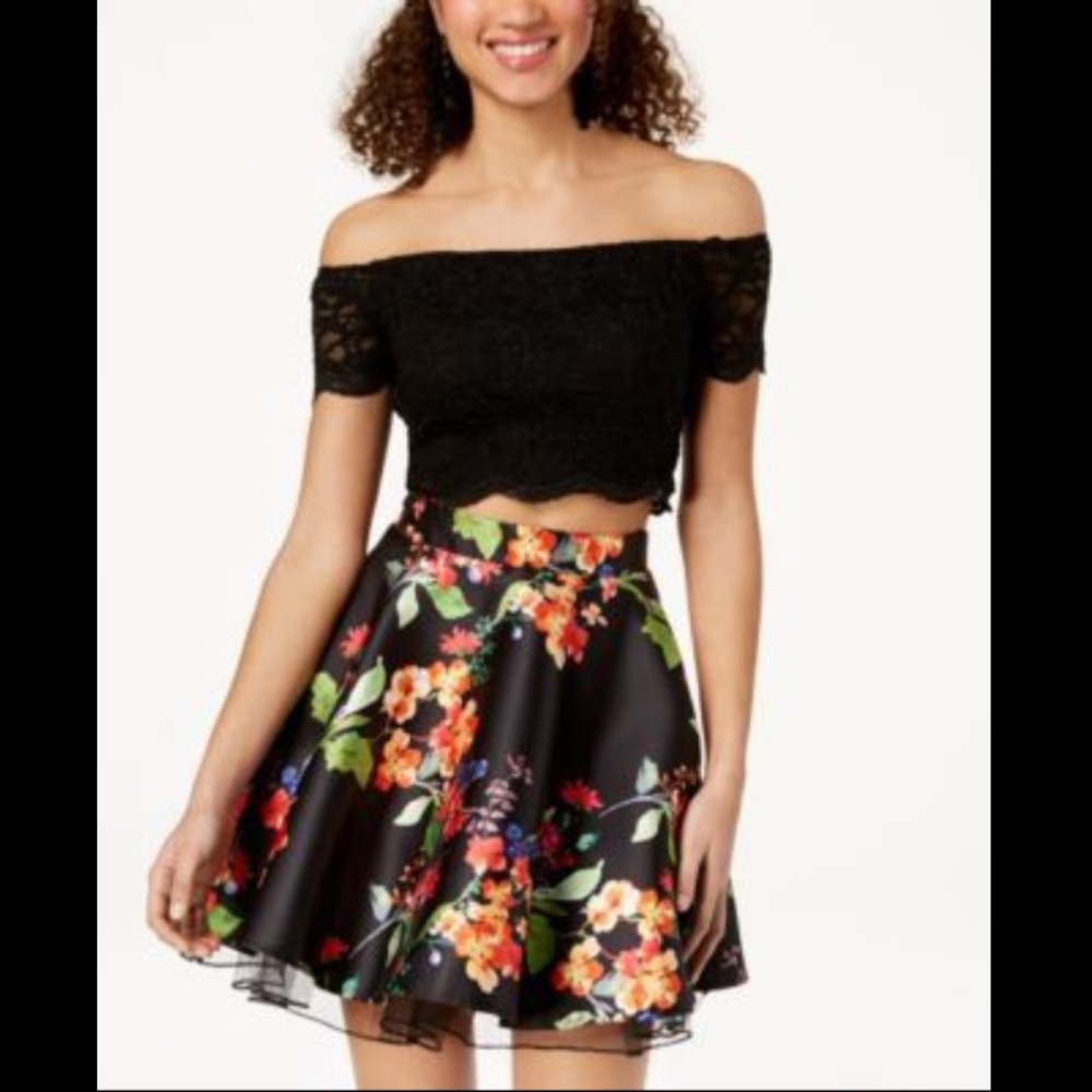 Lace top printed 2 piece fit and flare dress